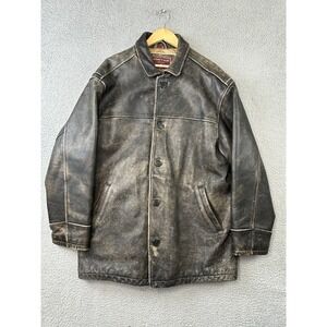 Andrew Marc Leather Jacket Men Large Brown Distressed Button Up Long Heavyweight